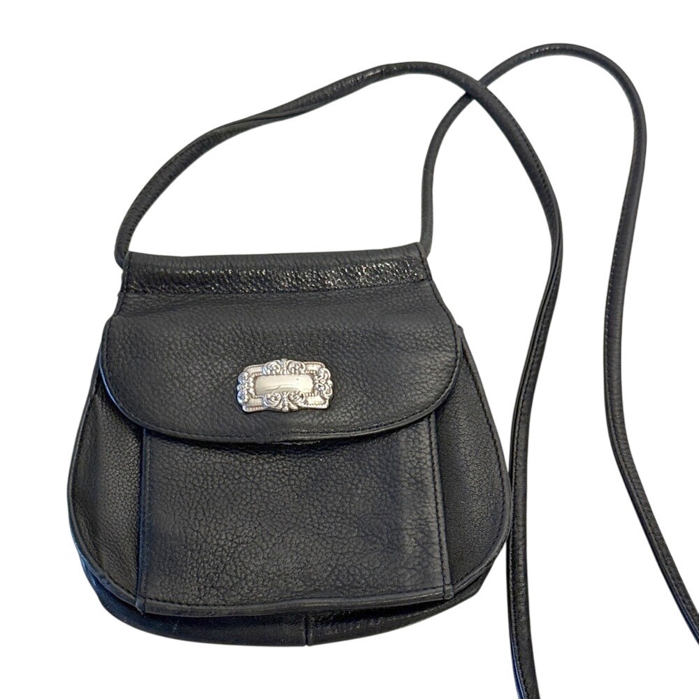 Fossil Black Leather Crossbody Bag Small Flap‎ Embellished Silver Tone Accent